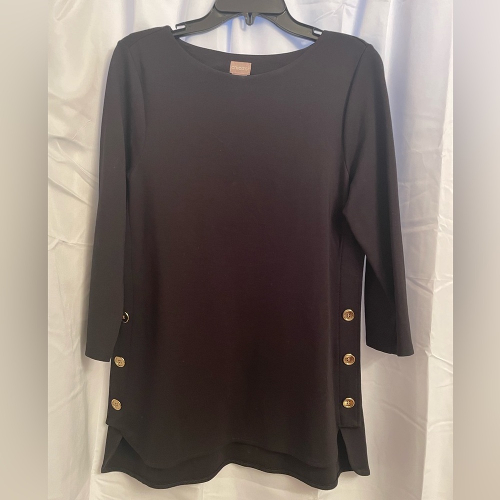 Chico’s Black Knit Tunic with Gold Buttons Size 0.
